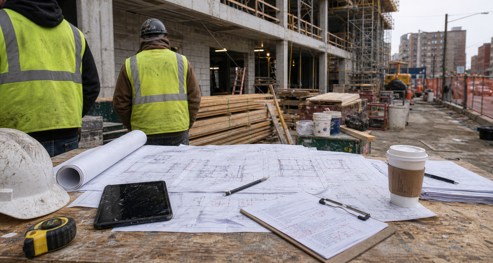 Construction planning table overlooking a multifamily building site